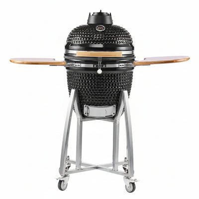Charcoal Smoker and Grill, 18" Kamado Charcoal BBQ Smoker, Movable Ceramic Barbecue Grill with 4 Wheels (2 Lockable), Built-In Thermometer, Air Vents & Side Shelf for Outdoor Patio Yard Cooking