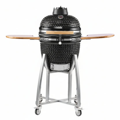 Charcoal Smoker and Grill, 18" Kamado Charcoal BBQ Smoker, Movable Ceramic Barbecue Grill with 4 Wheels (2 Lockable), Built-In Thermometer, Air Vents & Side Shelf for Outdoor Patio Yard Cooking