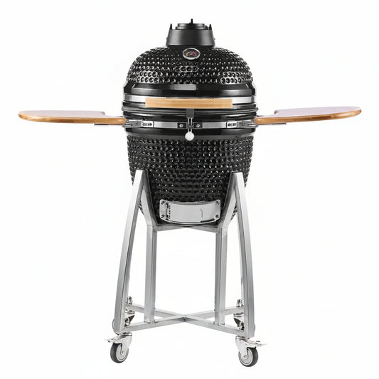 Charcoal Smoker and Grill, 18" Kamado Charcoal BBQ Smoker, Movable Ceramic Barbecue Grill with 4 Wheels (2 Lockable), Built-In Thermometer, Air Vents & Side Shelf for Outdoor Patio Yard Cooking