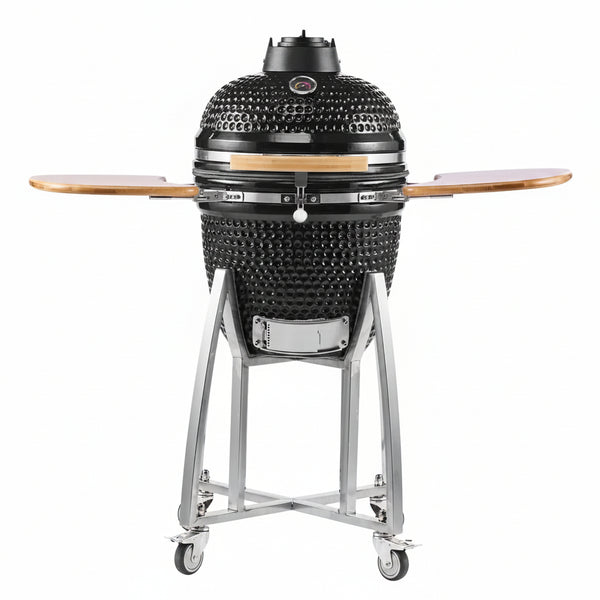 Charcoal Smoker and Grill, 18" Kamado Charcoal BBQ Smoker, Movable Ceramic Barbecue Grill with 4 Wheels (2 Lockable), Built-In Thermometer, Air Vents & Side Shelf for Outdoor Patio Yard Cooking