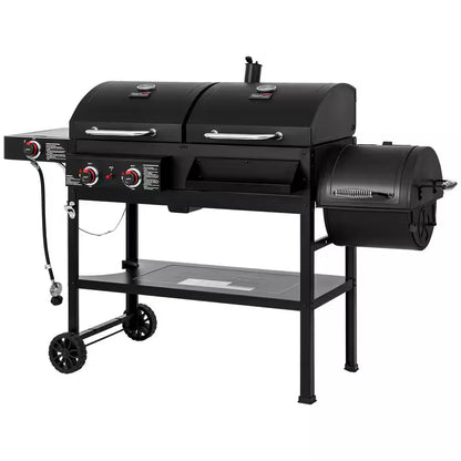 2-Burner Propane Gas and Charcoal Combo Grill with Offset Smoker Side Burner in Black
