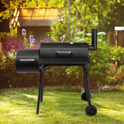 Barrel Grills Charcoal with Wheels and Front Table, Charcoal Grill with Smoker, Built-In Thermometer, 430 Square Inches, Offset Smoker Grill for Outdoor Backyard, Patio, Camping and Parties, Black