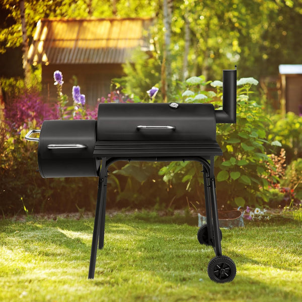 Barrel Grills Charcoal with Wheels and Front Table, Charcoal Grill with Smoker, Built-In Thermometer, 430 Square Inches, Offset Smoker Grill for Outdoor Backyard, Patio, Camping and Parties, Black