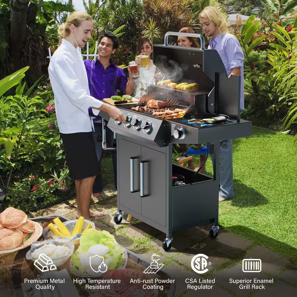 4-Burner Propane Grill with Side Burner, 58,000BTU BBQ Grills with Enameled Cast Iron Grates and Built-In Thermometer