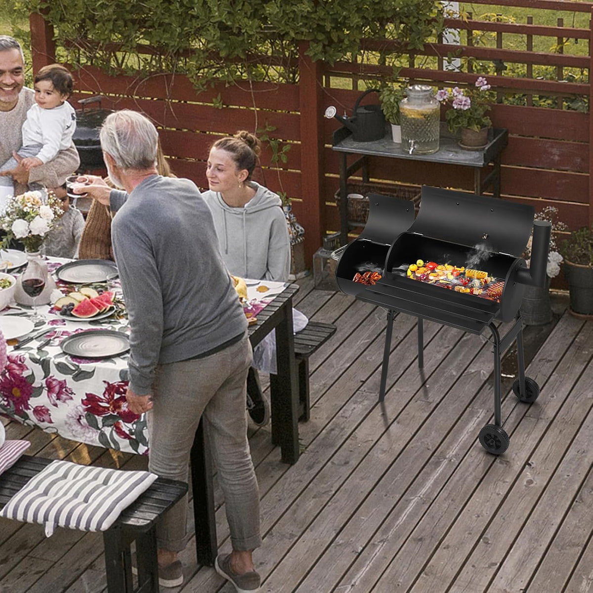 Barrel Grills Charcoal with Wheels and Front Table, Charcoal Grill with Smoker, Built-In Thermometer, 430 Square Inches, Offset Smoker Grill for Outdoor Backyard, Patio, Camping and Parties, Black