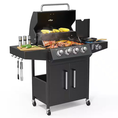 4-Burner Propane Grill with Side Burner, 58,000BTU BBQ Grills with Enameled Cast Iron Grates and Built-In Thermometer
