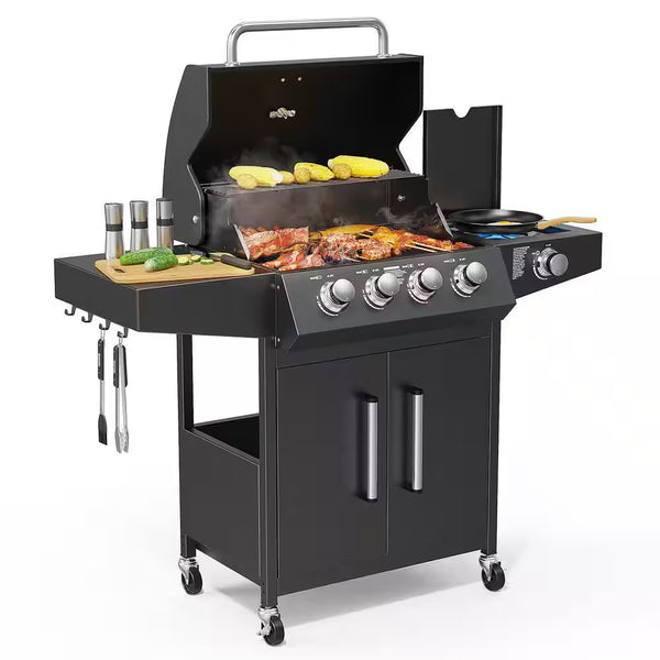 4-Burner Propane Grill with Side Burner, 58,000BTU BBQ Grills with Enameled Cast Iron Grates and Built-In Thermometer