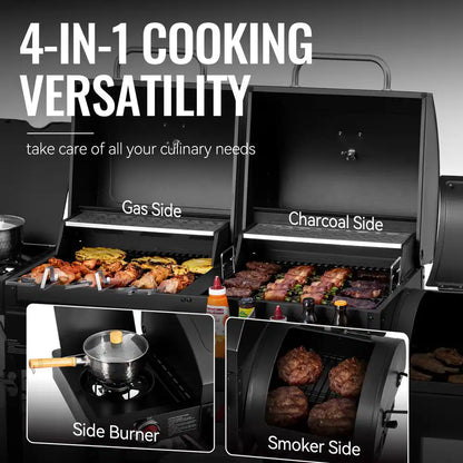 2-Burner Propane Gas and Charcoal Combo Grill with Offset Smoker Side Burner in Black
