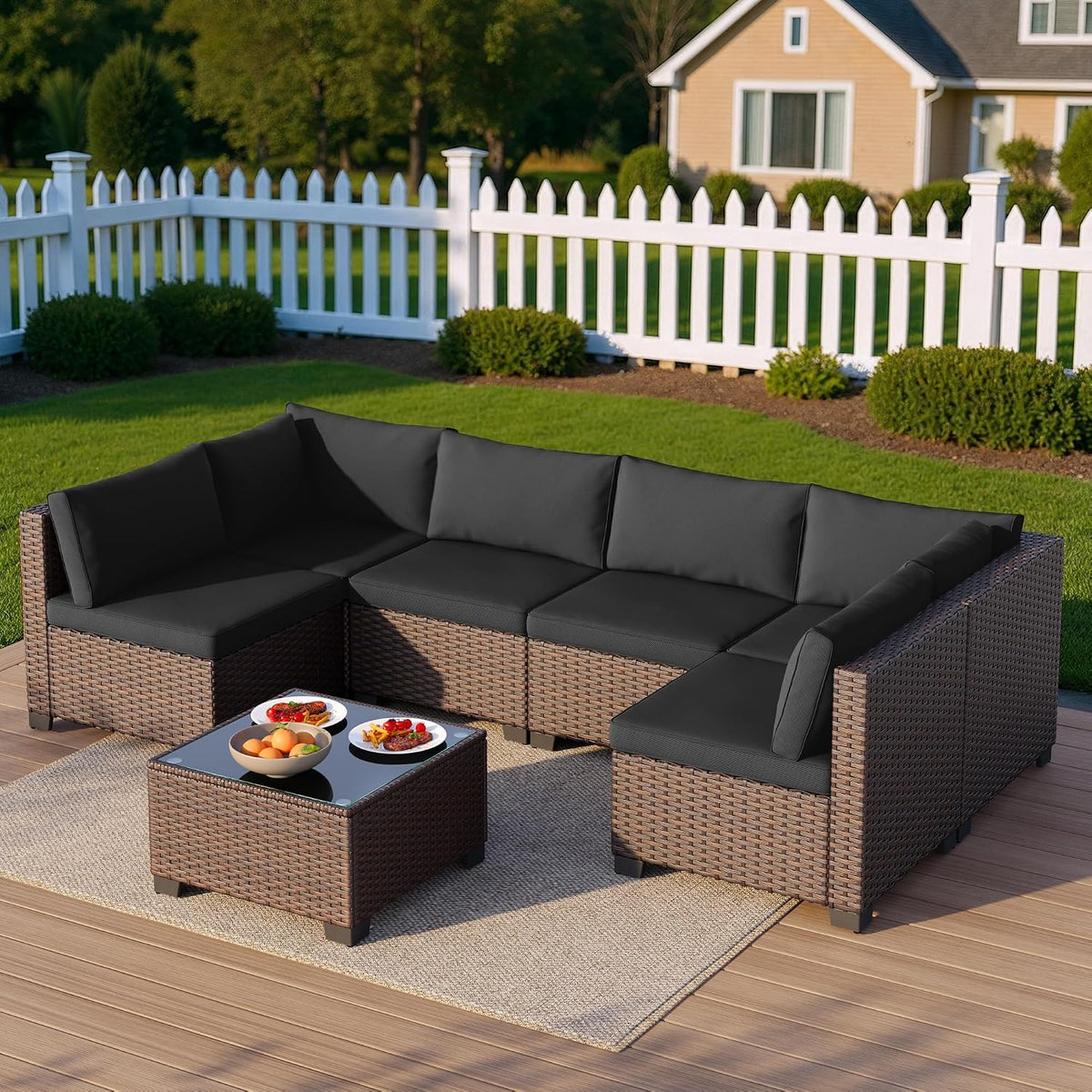 7 Pieces Outdoor Patio Furniture Set, All-Weather PE Rattan Outdoor Patio Sectional Furniture with Cushions and Glass Table, for Garden, Backyard, Porch, Black